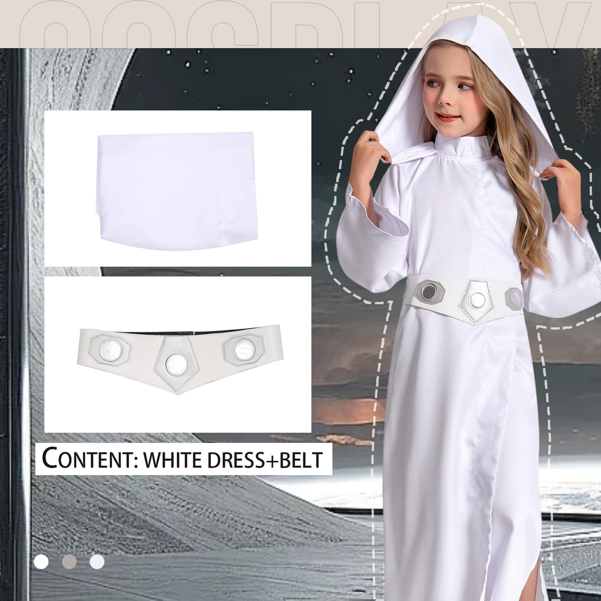 Rodwake white princess dress with belt close-up highlighting easy wear for Halloween events