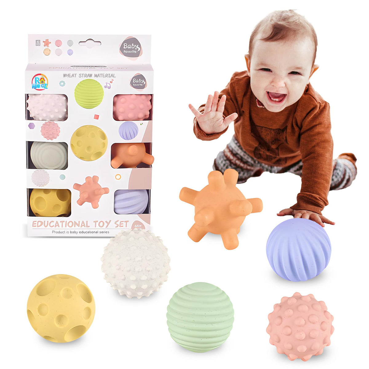 ROHSCE sensory balls with colorful textures support visual tracking during playtime.
