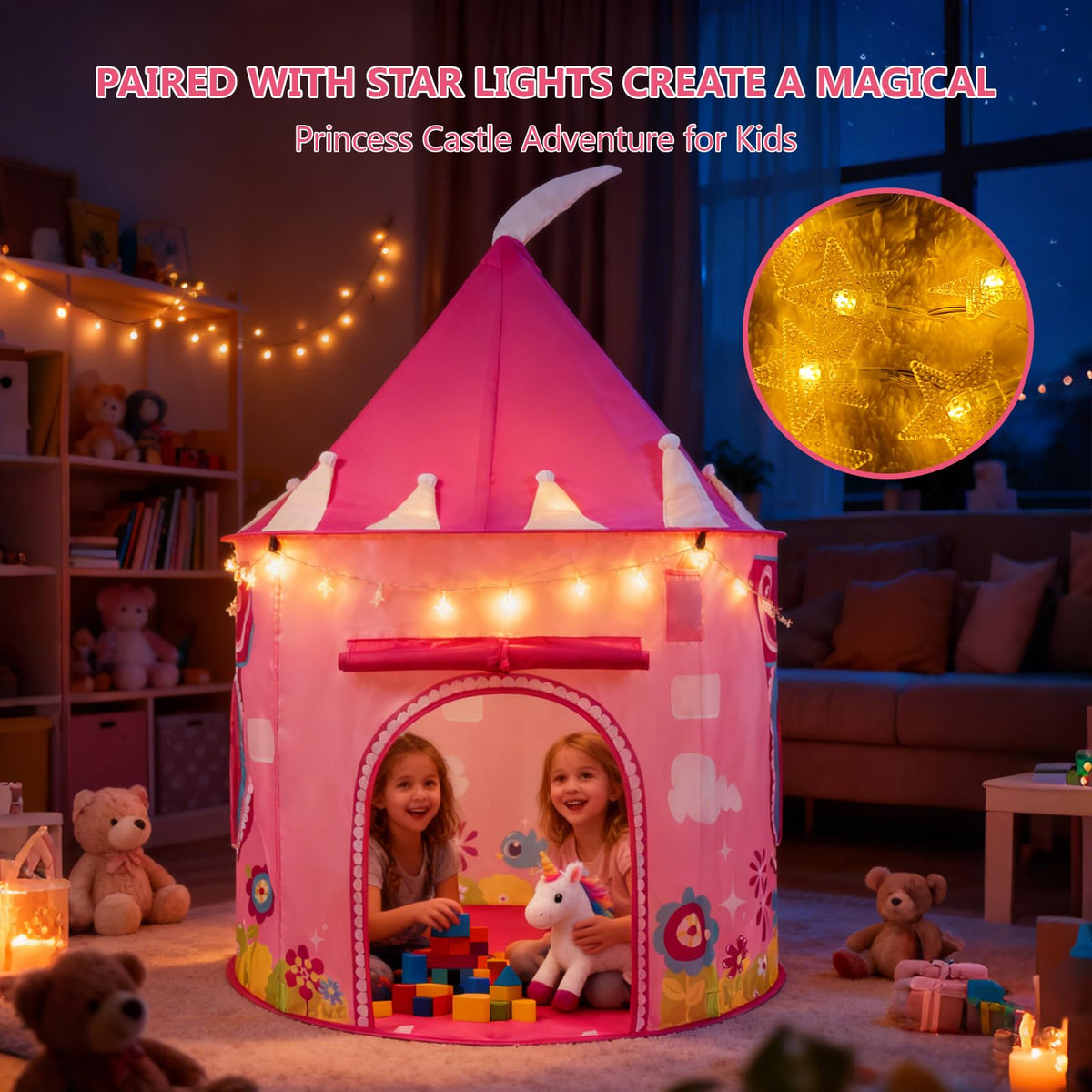 ROIWUIE Princess Castle Play Tent mesh windows for airflow and comfort.