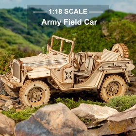 ROKR 3D puzzle Army Field Car parts laid out for precise self-assembly