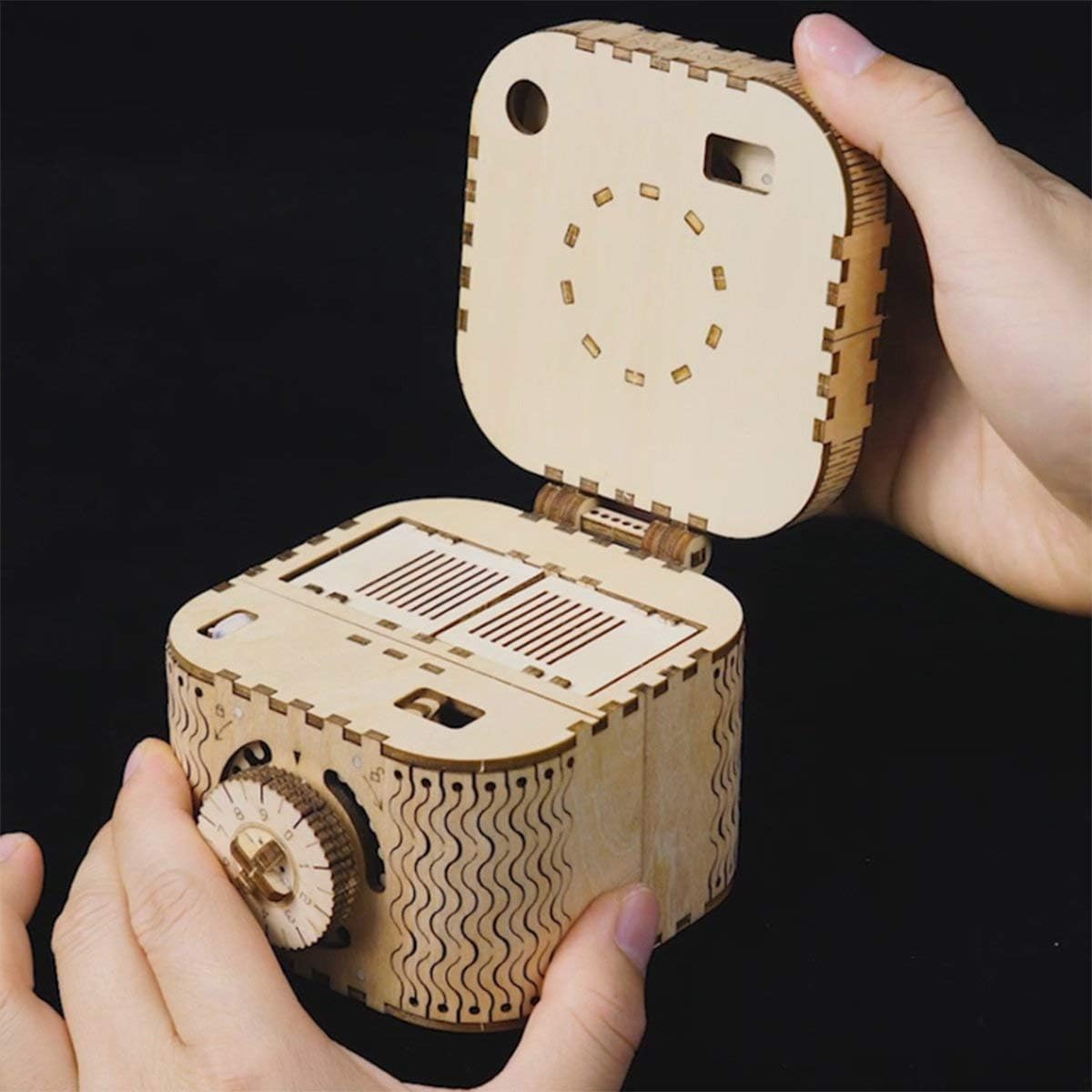 ROKR 3D puzzle box bottom view with password engraving details.