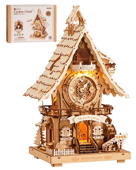 ROKR 3D puzzle clock front view with cuckoo and wood finish, decorative