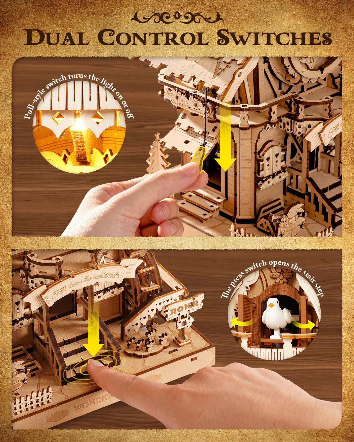 ROKR 3D puzzle clock side view showing crescent pendulum and movement