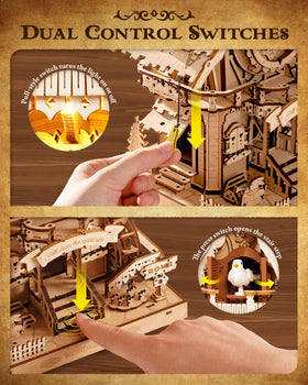ROKR 3D puzzle clock side view showing crescent pendulum and movement