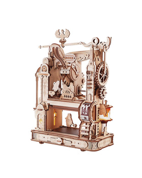 ROKR 3D puzzle printing press model on desk for a hands-on DIY wood craft project