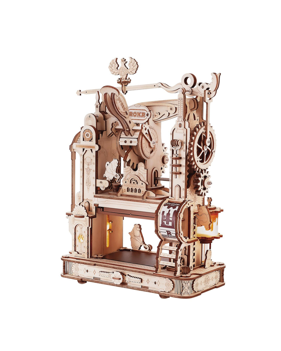 ROKR 3D puzzle printing press model on desk for a hands-on DIY wood craft project