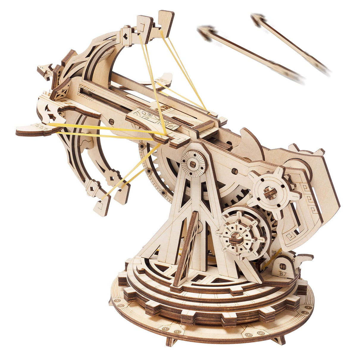 ROKR 3D wooden ballista launcher assembly demonstrates precise interlocking parts for learning.