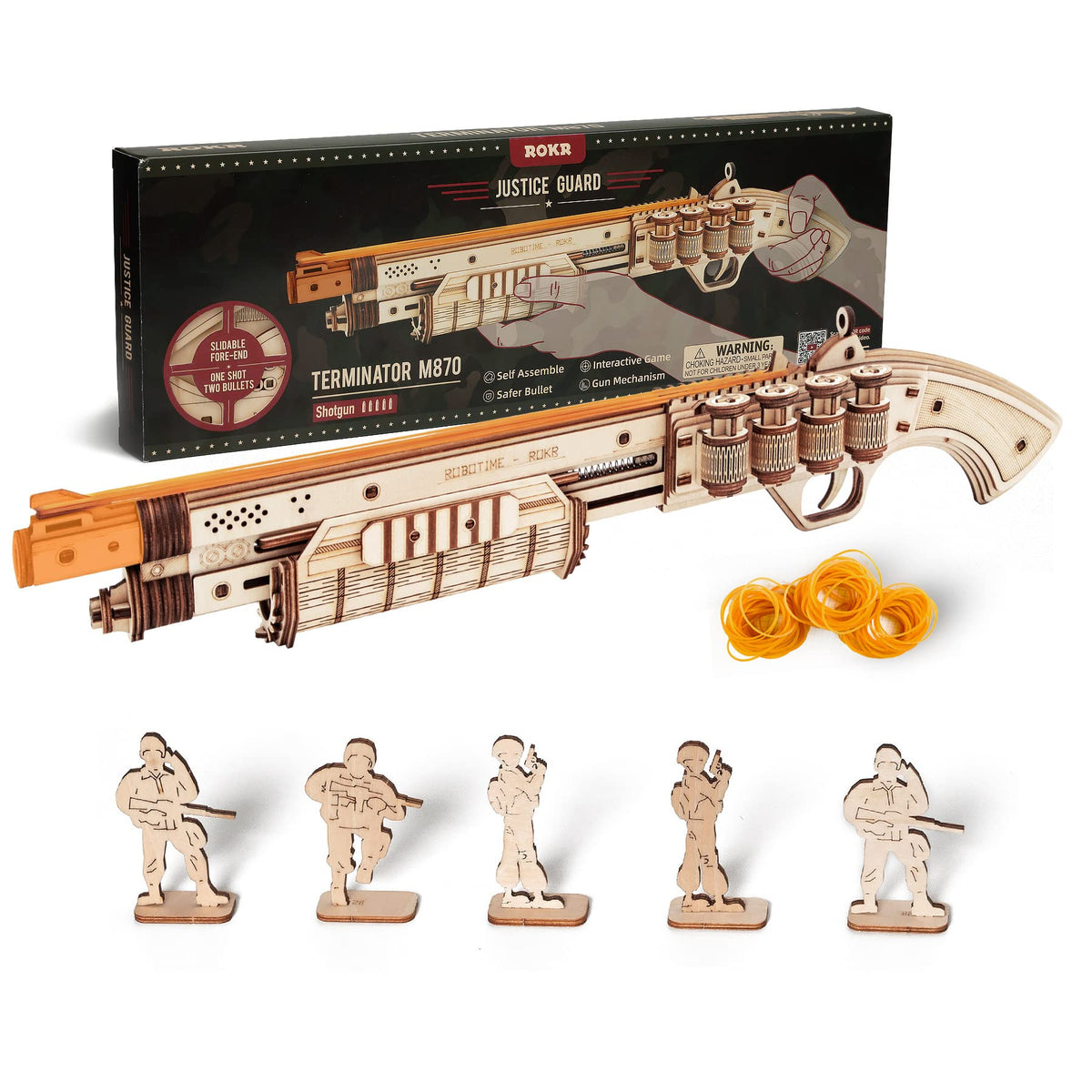 ROKR 3D wooden puzzle rubber band gun assembly shows precise parts fitting for a rewarding build.
