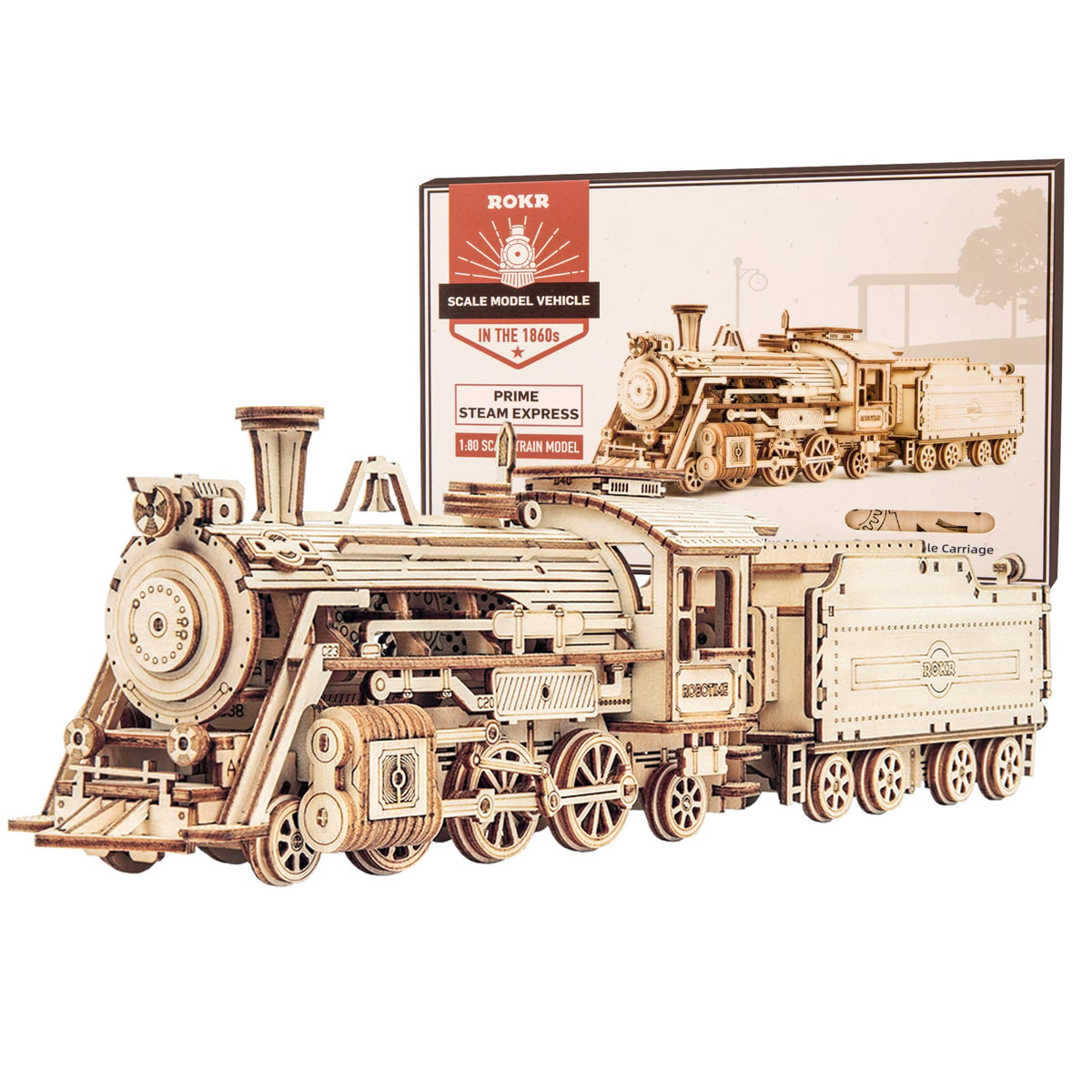 ROKR 3D wooden puzzle train assembly kit boosts problem-solving and patience.