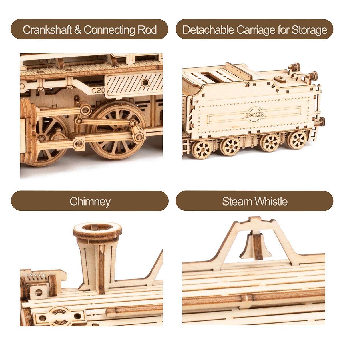 ROKR 3D puzzle train interlocking mechanism enhances puzzle solving.