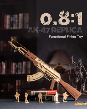 ROKR AK47 rubber bands loading action highlights hands-on play and building skill.