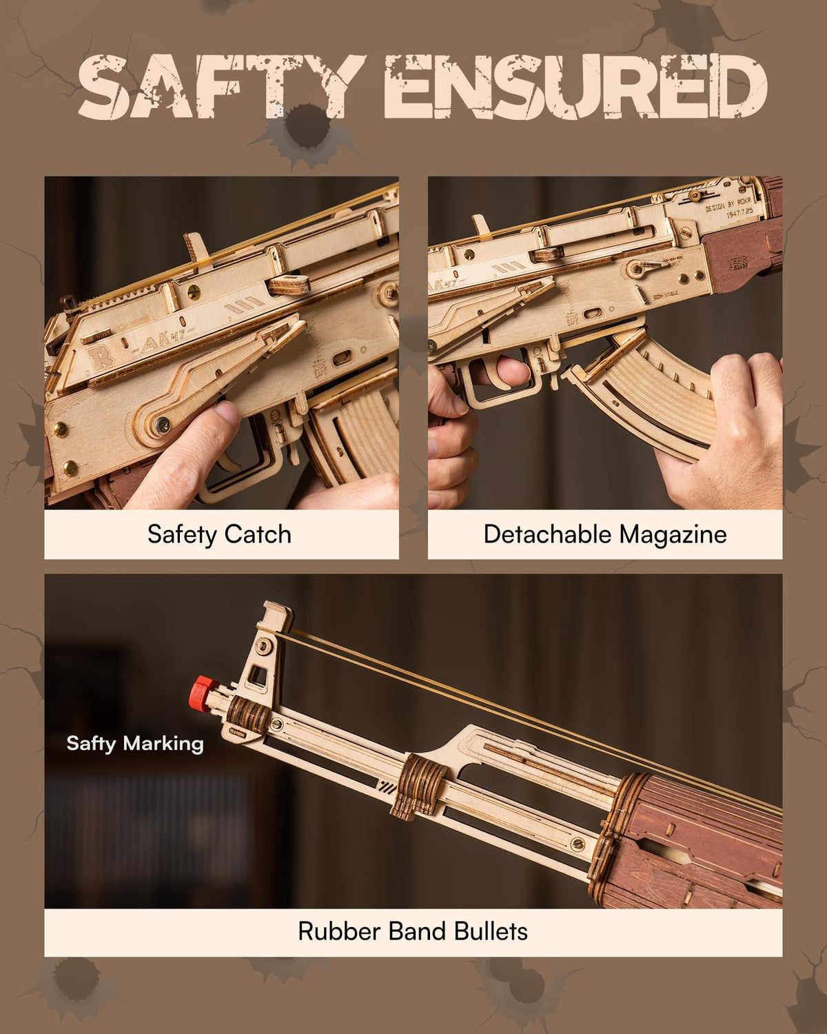 ROKR AK47 safety lock ensures safe handling during crafting and play sessions.