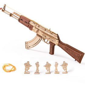 ROKR AK47 wooden puzzle model parts show precise craftsmanship for engaging DIY hobbyists.