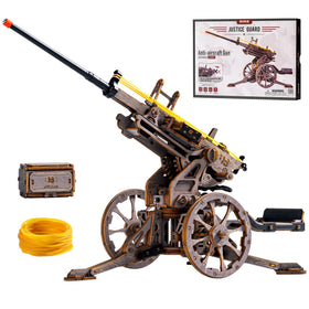ROKR anti-aircraft gun puzzle assembly: a focused adults' woodworking project.