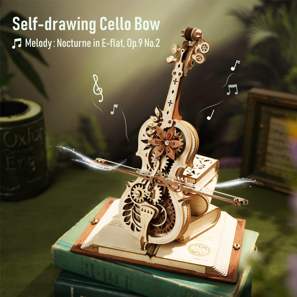 ROKR cello bow and gears close-up showing spring-driven motion