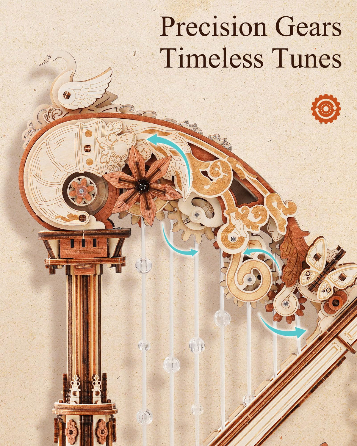 ROKR Display piece showcasing 18th-century harp design and ornate carvings.