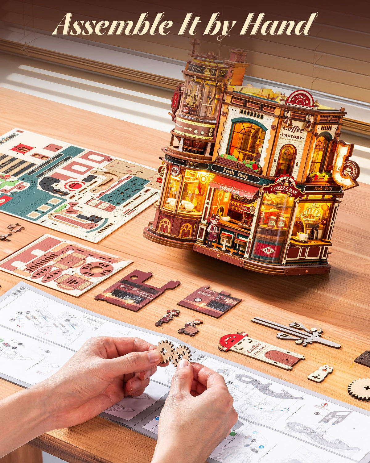 ROKR Dream Coffee Factory glue-free assembly emphasizes sturdy craft and lasting display