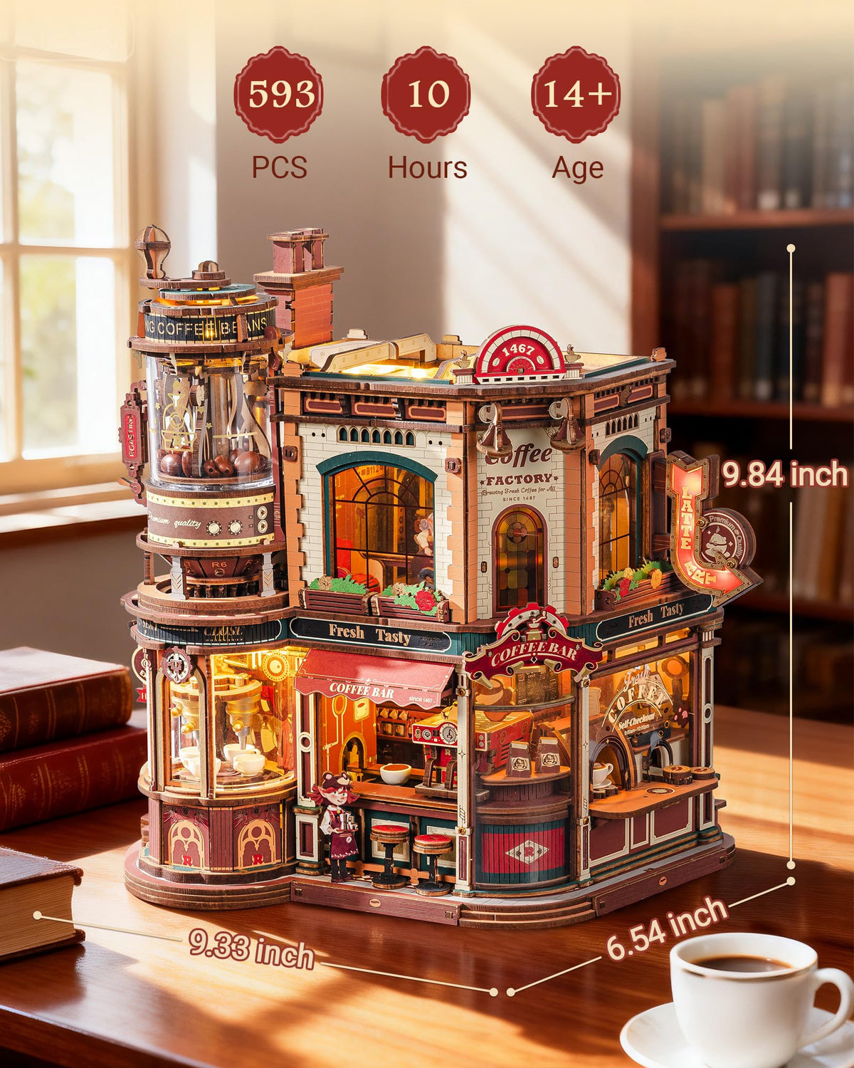 ROKR Dream Coffee Factory cat barista figure adds whimsy and charm to the miniature scene