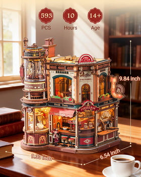 ROKR Dream Coffee Factory cat barista figure adds whimsy and charm to the miniature scene