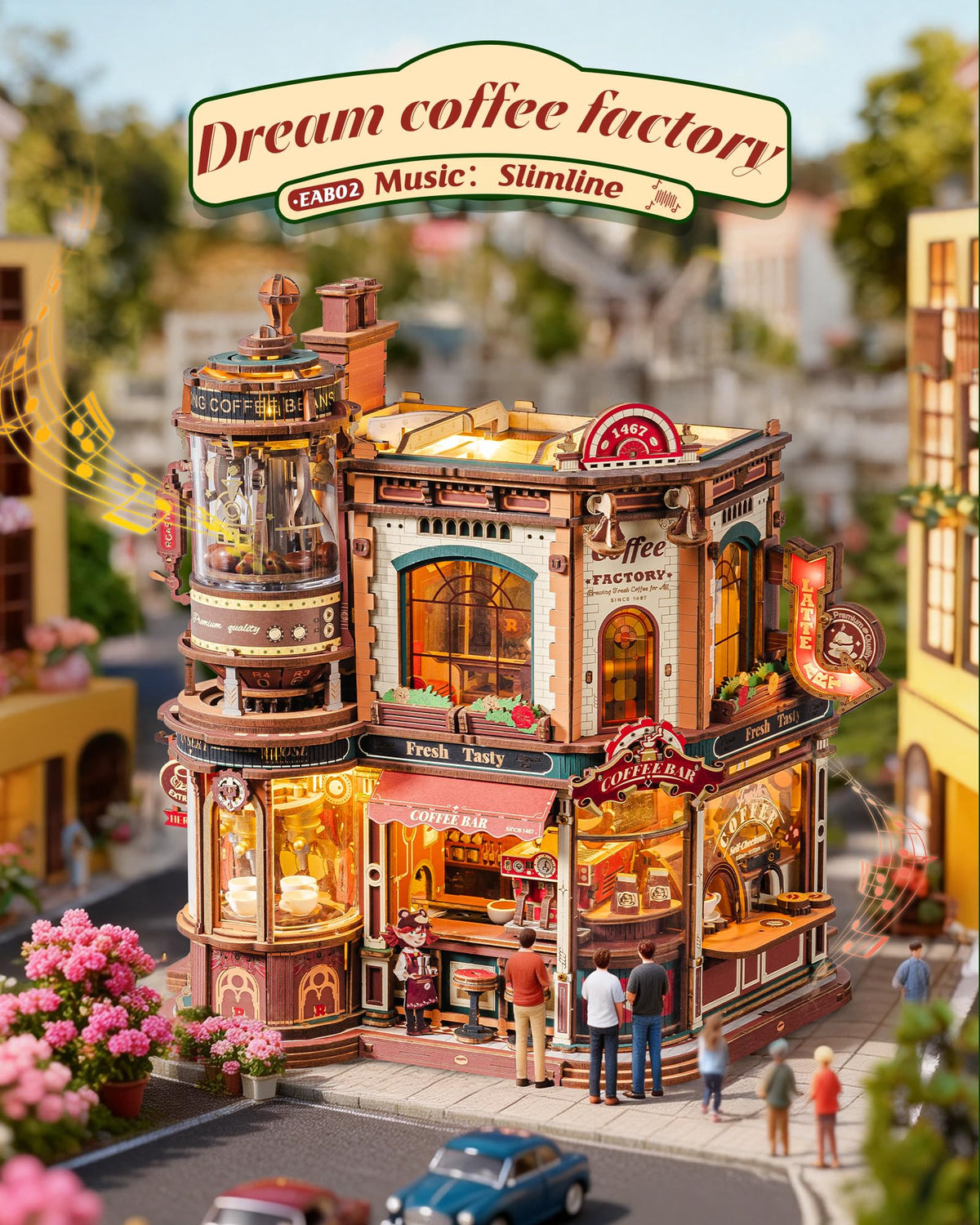 ROKR Dream Coffee Factory upstairs production line showcases precise, glue-free assembly—perfect for hands-on hobbyists