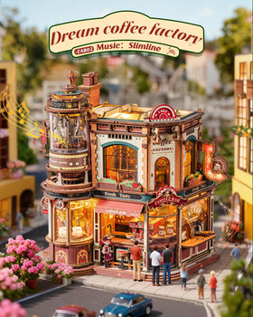 ROKR Dream Coffee Factory upstairs production line showcases precise, glue-free assembly—perfect for hands-on hobbyists