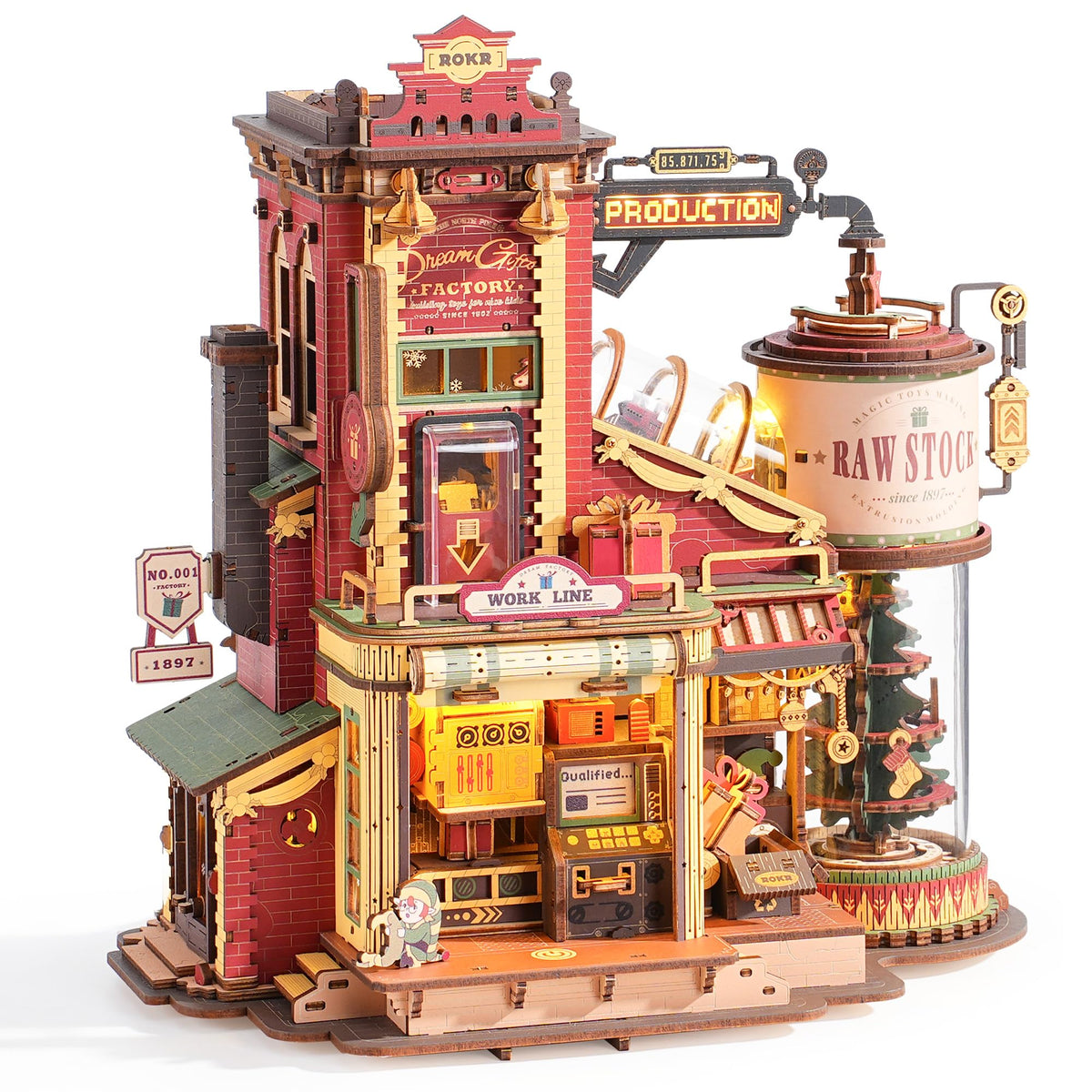 ROKR Dream Factory wooden model kit with intricate assembly-line details for a striking display