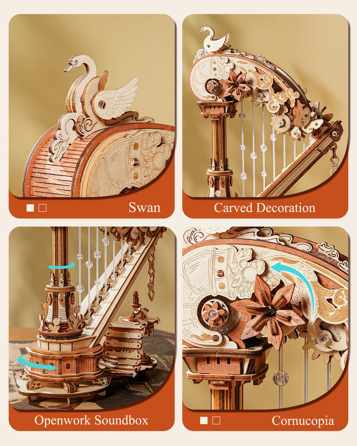 ROKR Harp strings and mechanism produce soothing melodies during use.