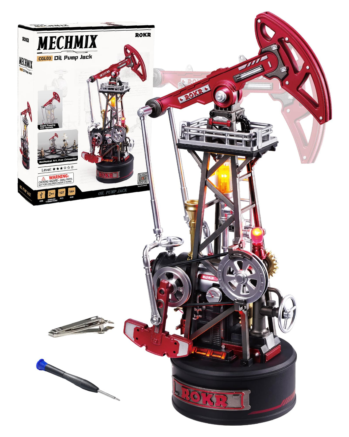 ROKR Industrial City Series 3D Oil Pump Jack front view ideal for desk display.