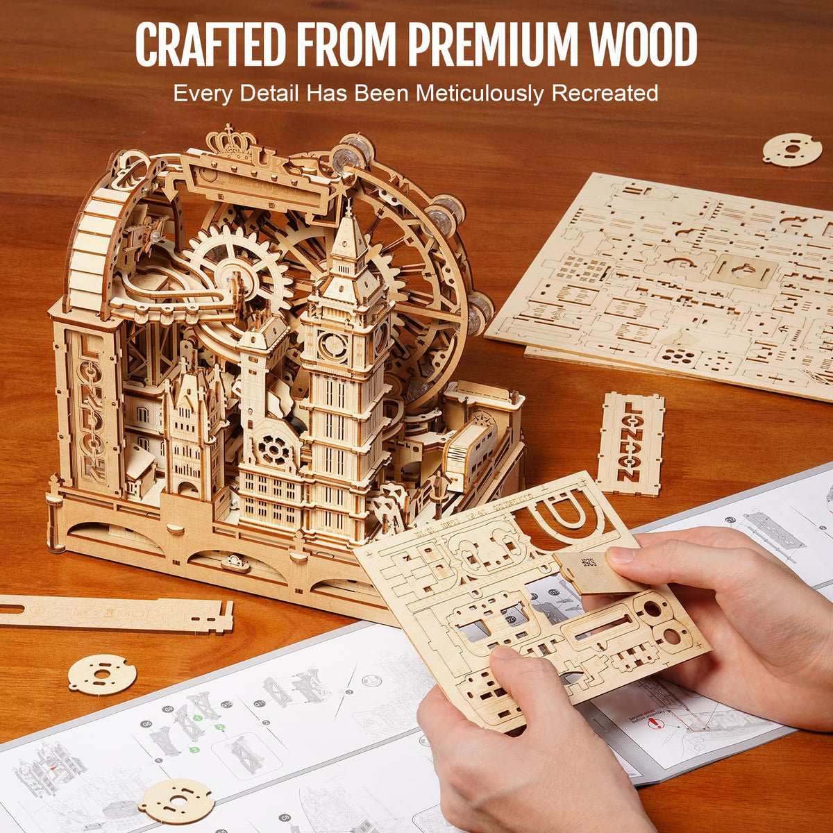 ROKR 3D puzzle laser-cut pieces, precise mortise-and-tenon joints for glue-free assembly.