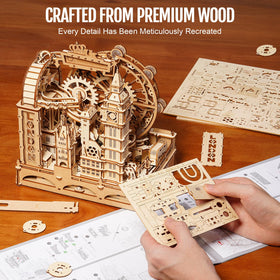 ROKR 3D puzzle laser-cut pieces, precise mortise-and-tenon joints for glue-free assembly.