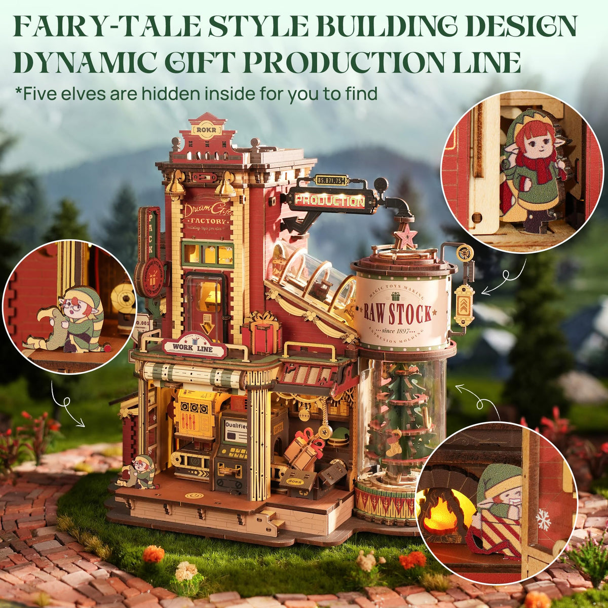 ROKR luminous factory dollhouse kit showcases the warm glow of working stations