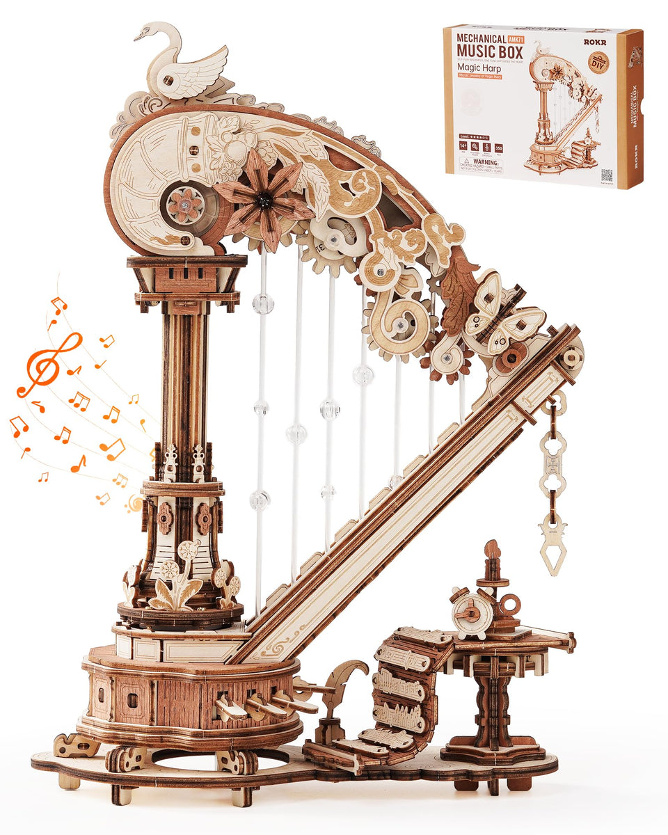 ROKR Magic Harp Music Box kit in assembly with intricate gears for mindful crafting.