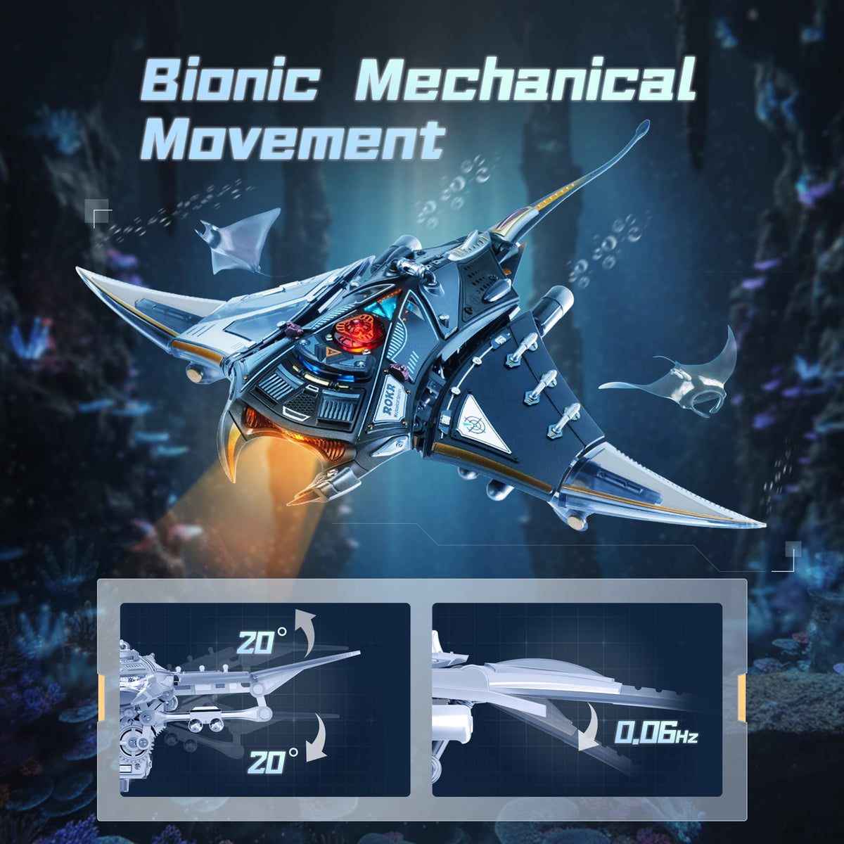 ROKR Manta Ray triangular fin parts capture lifelike motion for display.
