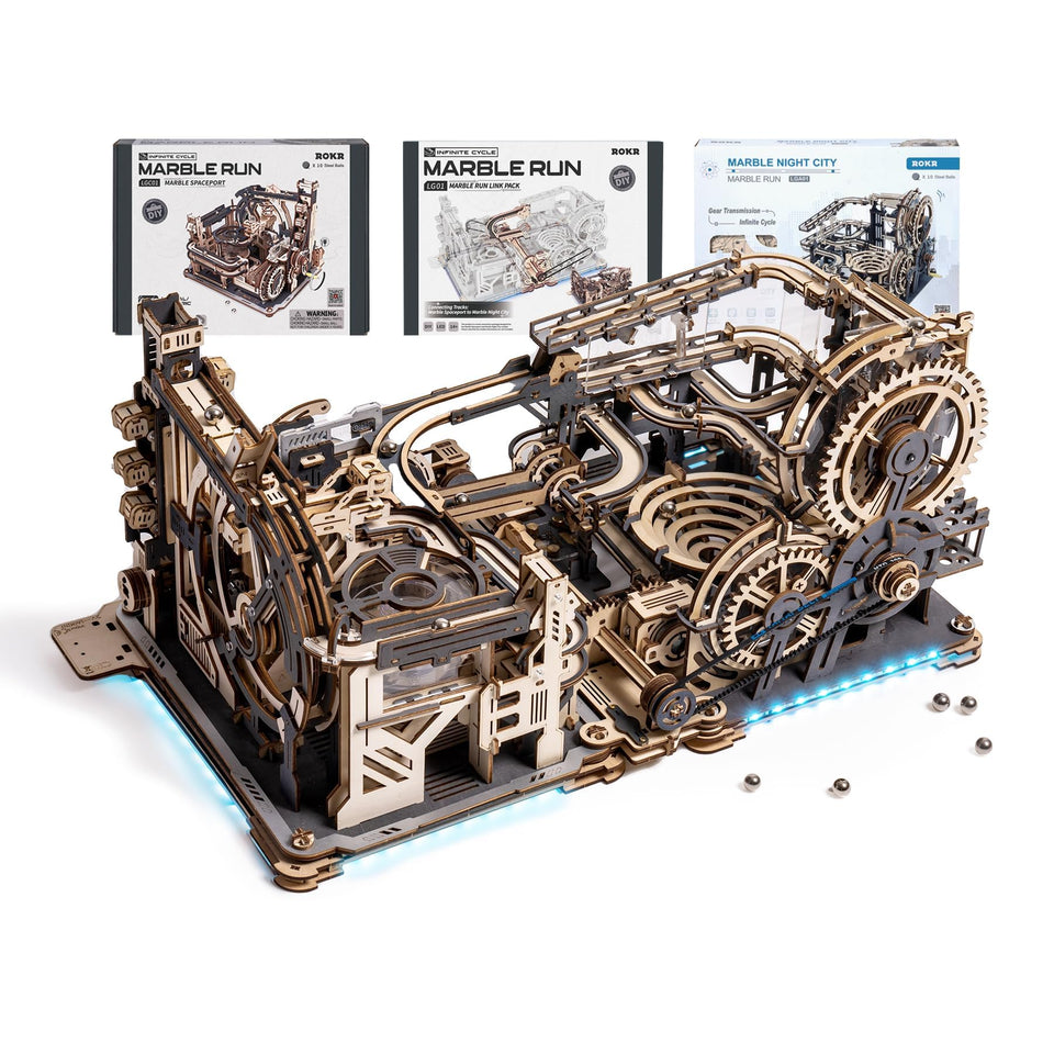 ROKR Marble Spaceport LGC01 with synchronized tracks and subtle LED glow for a dynamic display