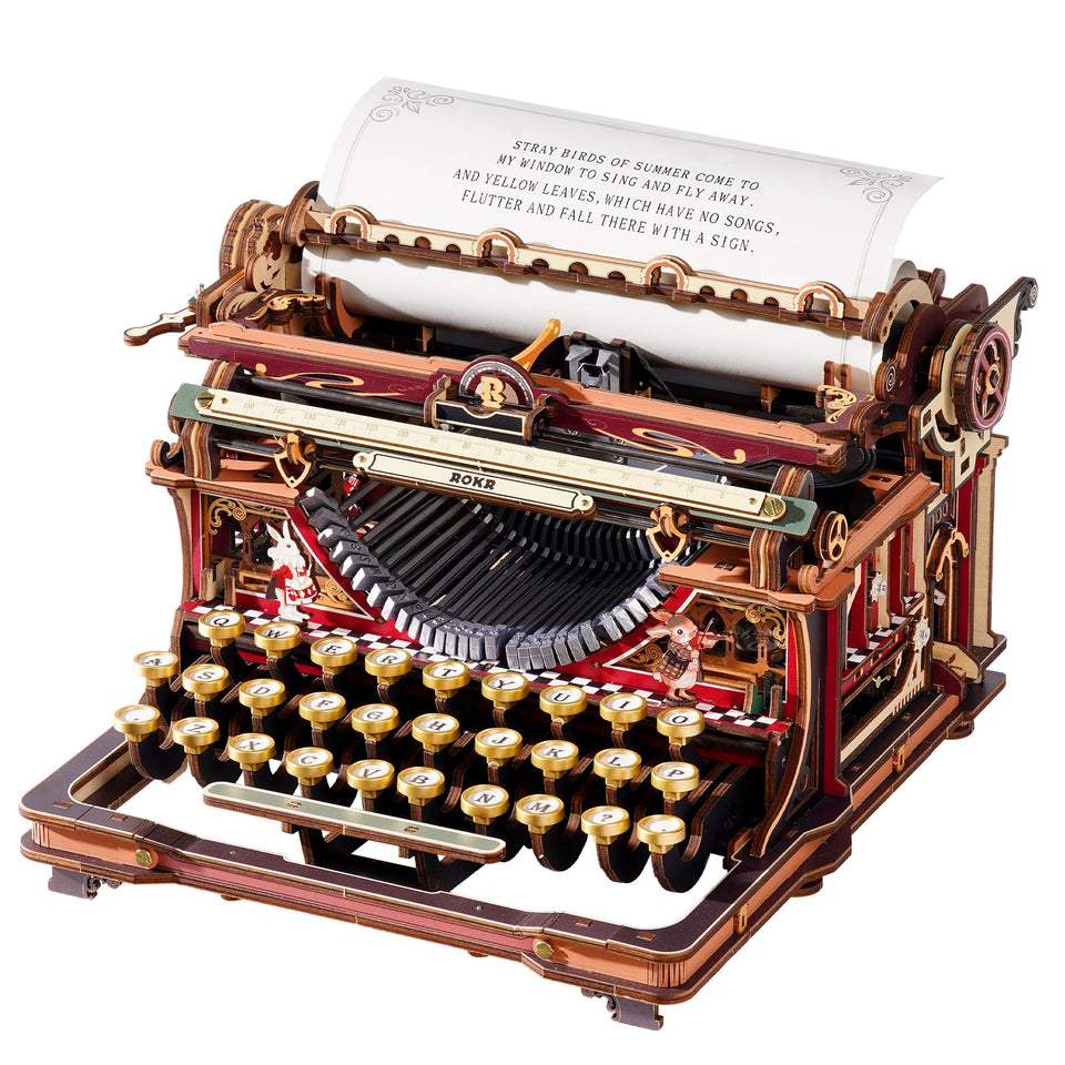 ROKR mechanical typewriter assembly view shows precise interlocking pieces for a satisfying build