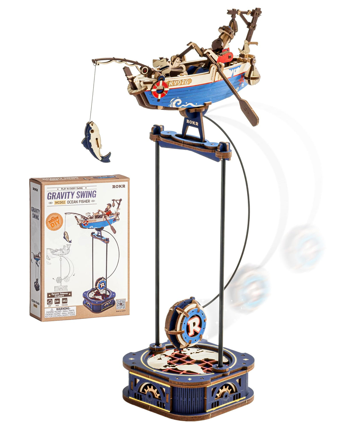 ROKR Ocean Fisher model swing demonstrates gravity-driven motion for display and study.