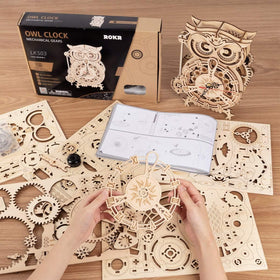 ROKR Owl Clock puzzle back timer highlight the wind-up feature.