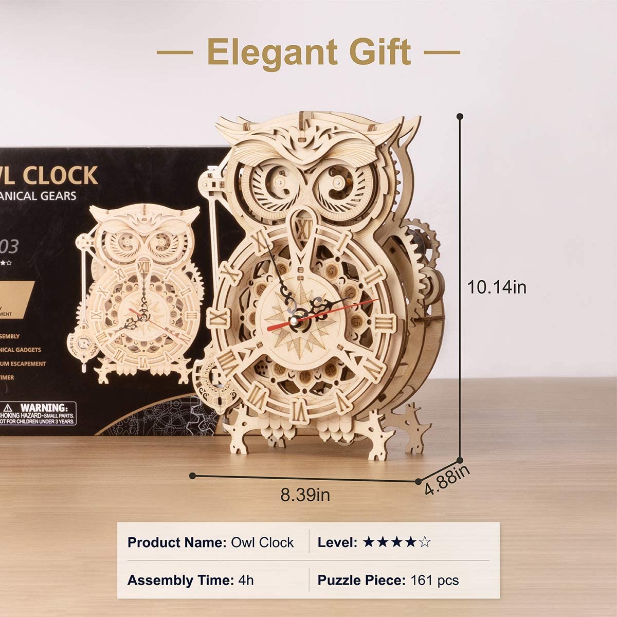 ROKR Owl Clock puzzle desk display ready for home decor.