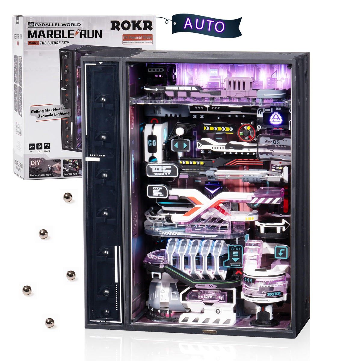 ROKR Parallel World MR02S city module offers a futuristic marble run for desk entertainment and focus.