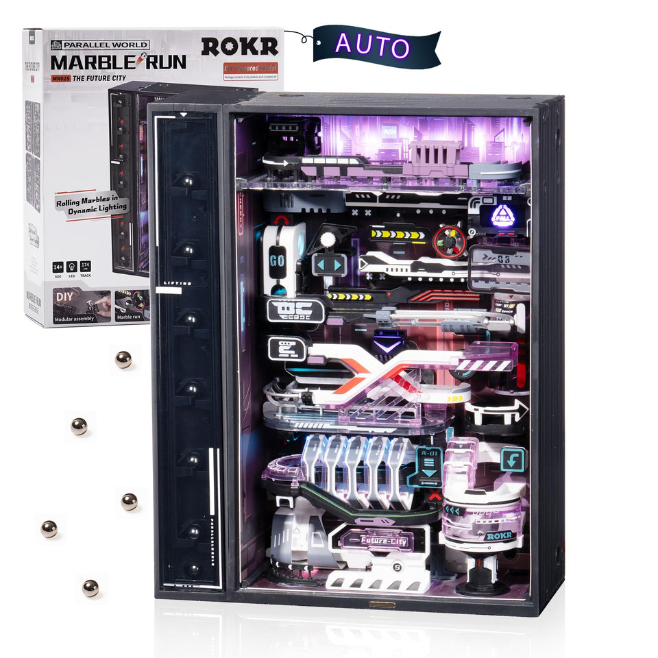 ROKR Parallel World MR02S city module offers a futuristic marble run for desk entertainment and focus.
