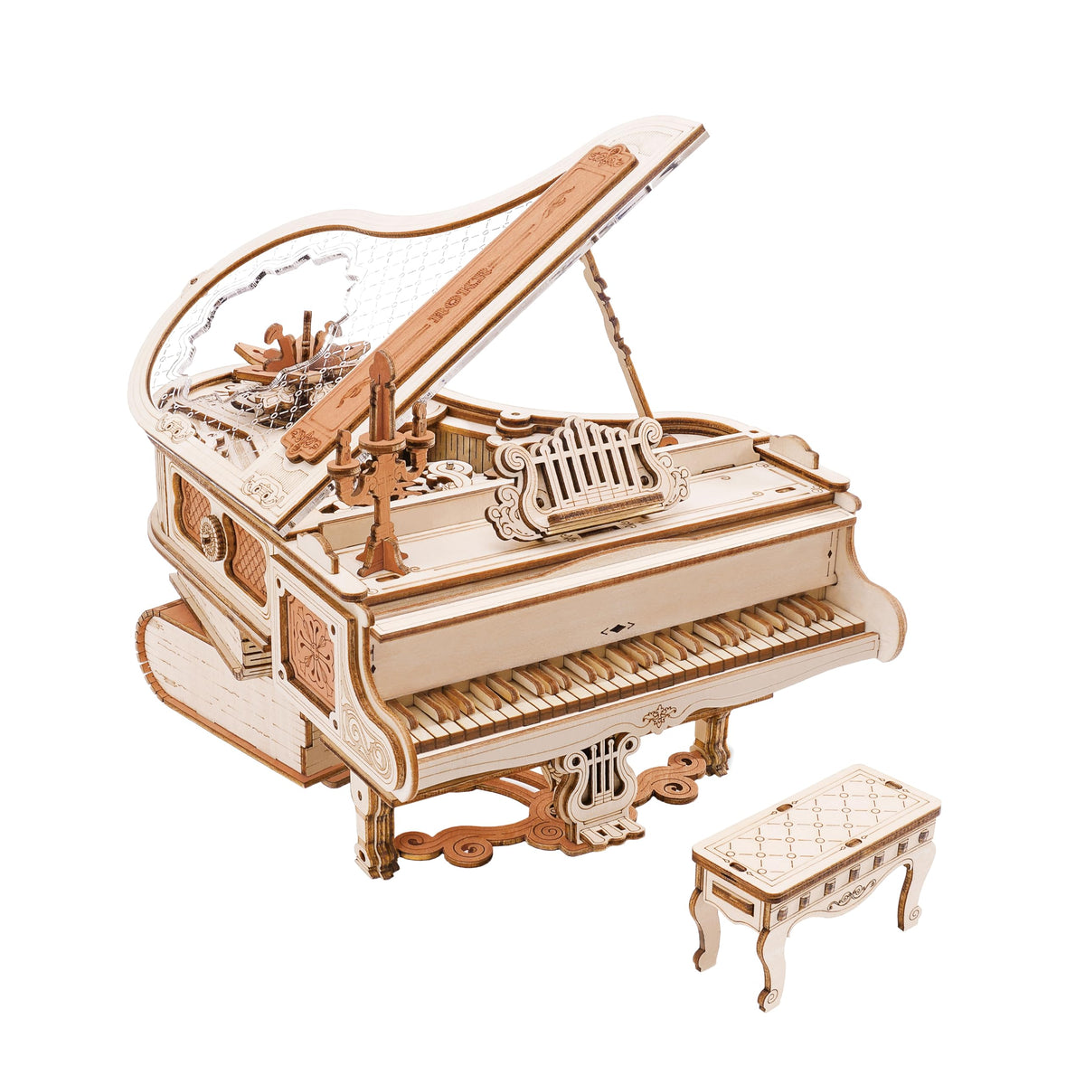 ROKR Piano 3D puzzle front view, a stylish desk decor piece.