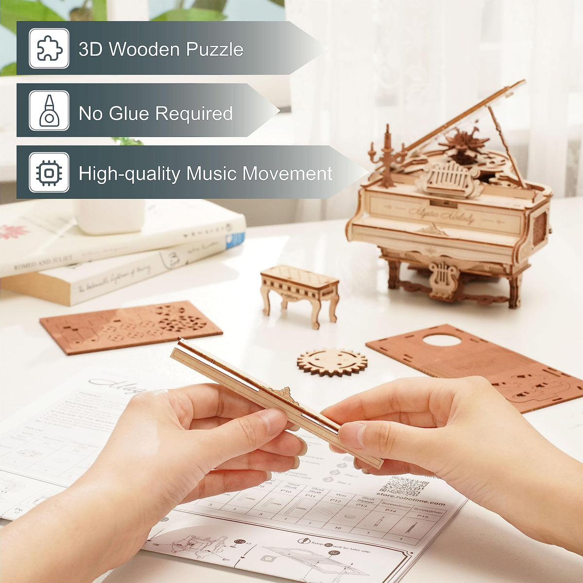 ROKR piano base-book design angled shot, emphasizes elegant display appeal.