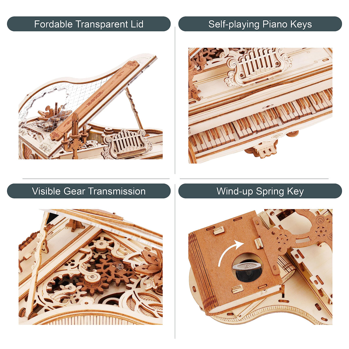 ROKR wind-up music movement close-up, demonstrates self-playing keys.