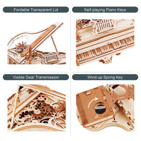 ROKR wind-up music movement close-up, demonstrates self-playing keys.