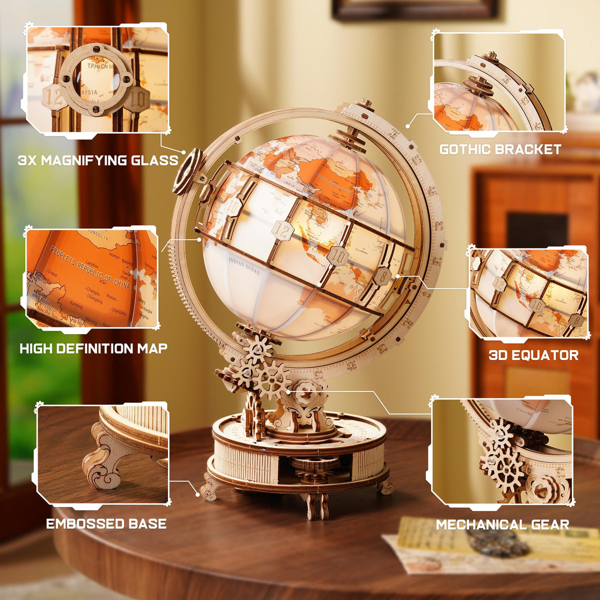 ROKR globe gears rotate smoothly with easy manual guidance.