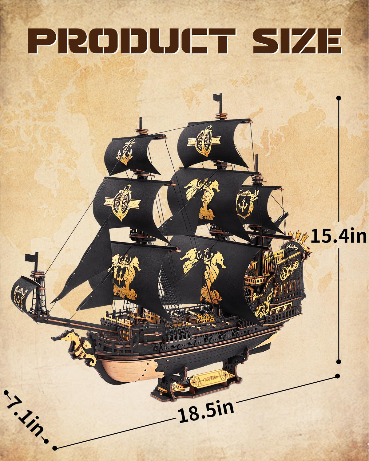 ROKR Seahorse Barque black and gold color scheme enhances shelf centerpiece