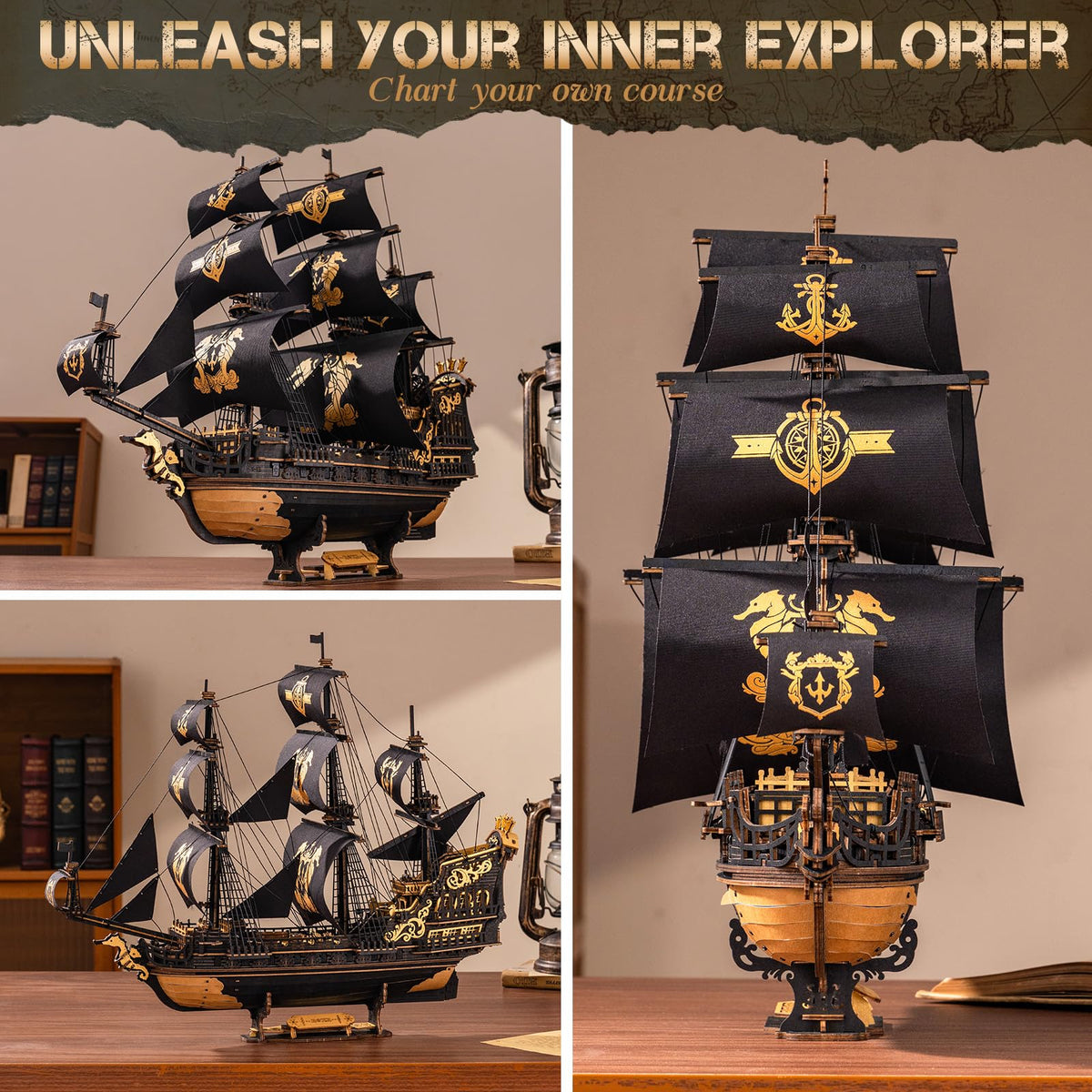 ROKR Seahorse Barque eight square sails captured in laser-cut precision.