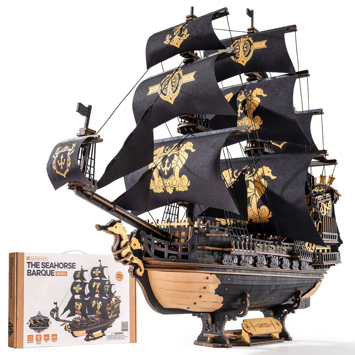 ROKR Seahorse Barque model with precise pieces for a display-ready 1:100 replica.