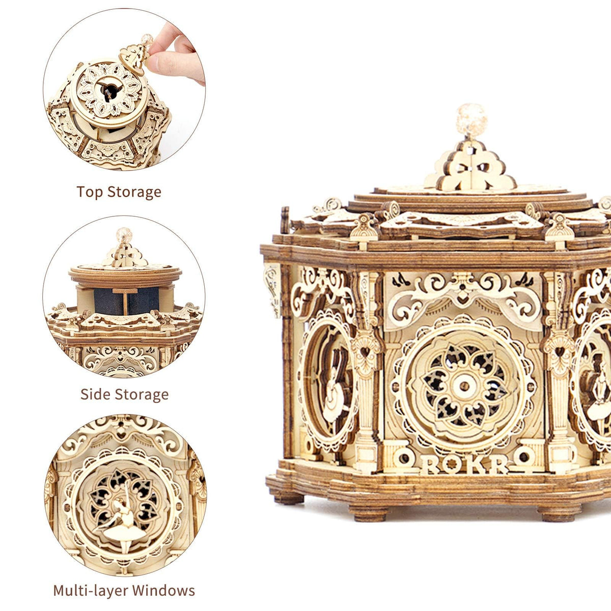 ROKR Secret Garden music box hidden storage reveals discreet jewelry compartment.