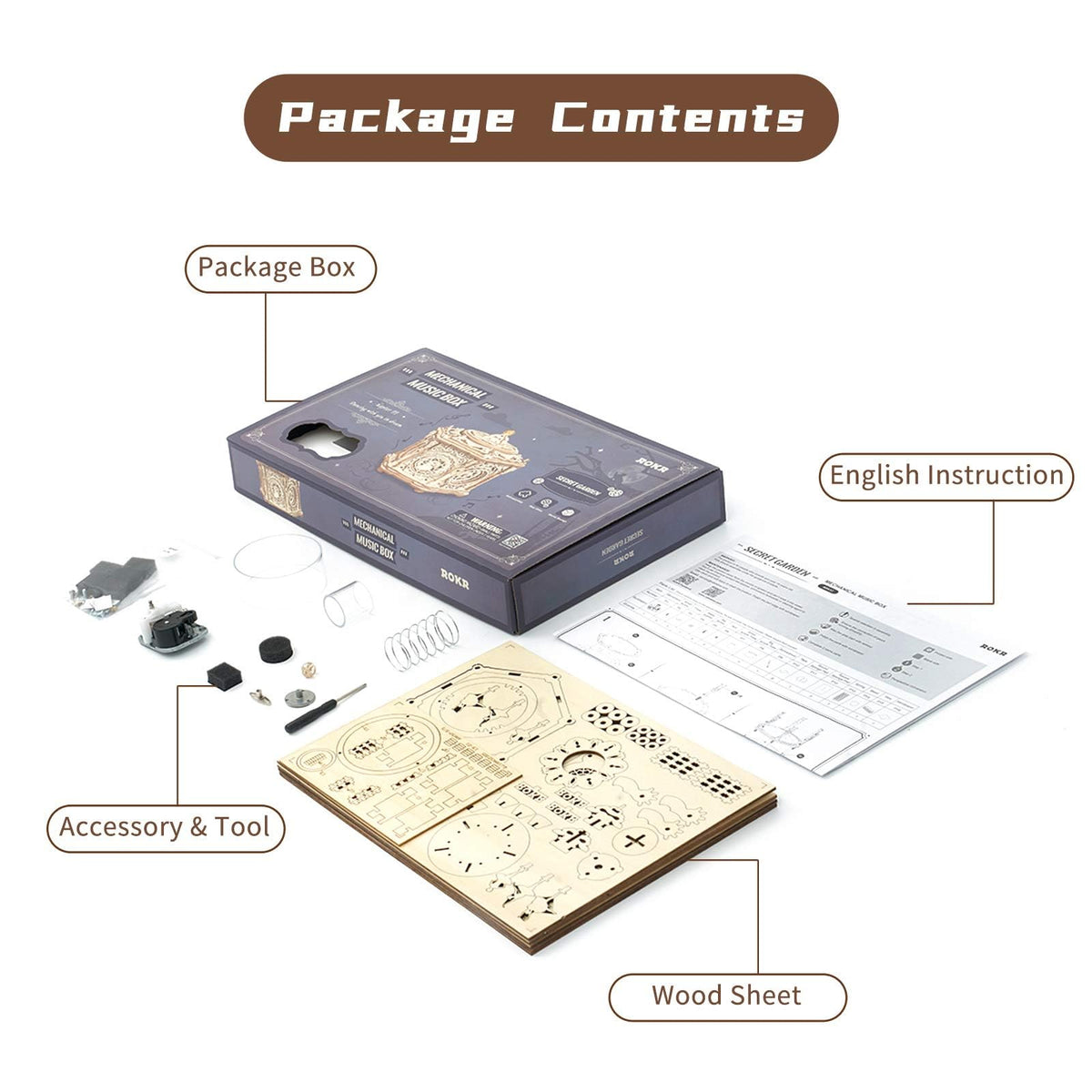 ROKR Secret Garden music box laser-cut pieces show precise, easy assembly.